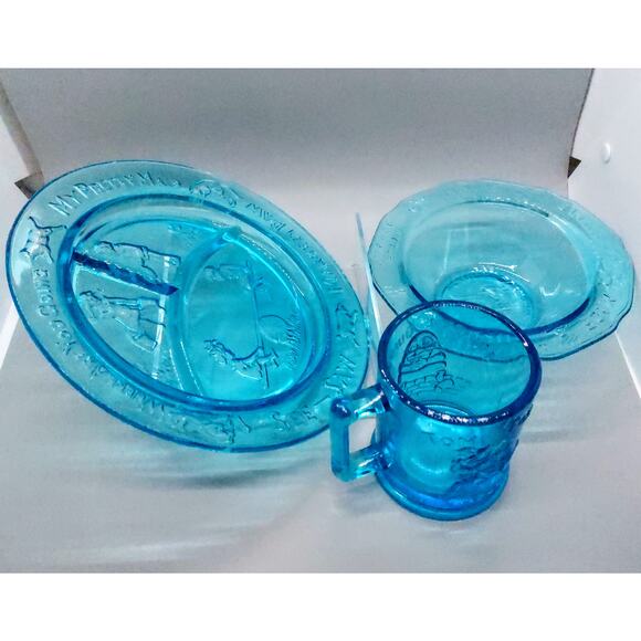 Vintage Tiara Glass Mother Goose 3 Piece Nursery Rhyme Dish Set Aqua Blue EUC - Picture 2 of 12